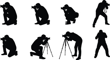 Photographer silhouettes set featuring shooting poses, camera handling, tripod use and crouching positions isolated for photography and media design © Na Alo
