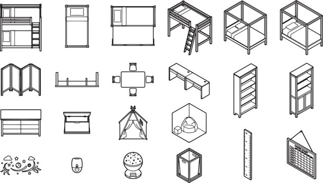 Modern interior design and furniture selection with various of house equipment in minimalist outline.