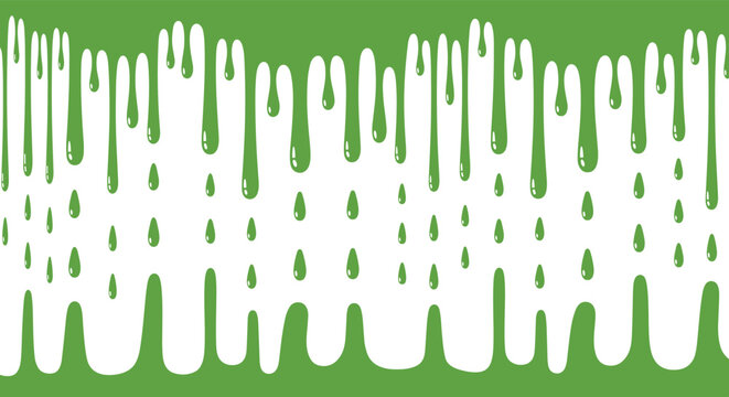 Green slime or toxic liquid drips down from the top edge and pools on the floor creating a messy and viscous effect on a white background.