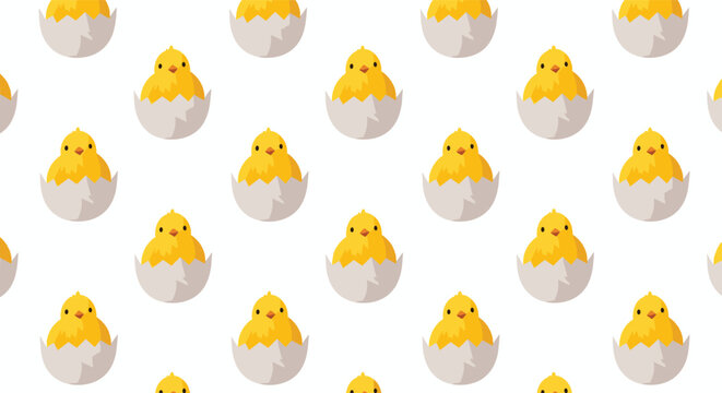 Adorable seamless pattern features yellow baby chicks just hatching from their white cracked eggshells repeated over a bright white background.