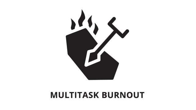 Flat design vector icon of a hand gripping a matchstick with multiple flame tips, representing stress and multitasking burnout.