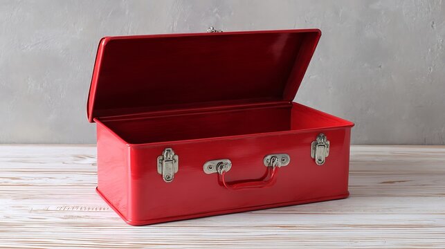 A vintage-style, open red metal toolbox with a handle and latches sits on a wooden surface against a textured gray wall