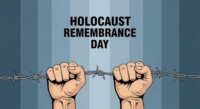 Holocaust Remembrance Day conceptual illustration, hands gripping barbed wire against blue background, solemn memorial for victims of genocide