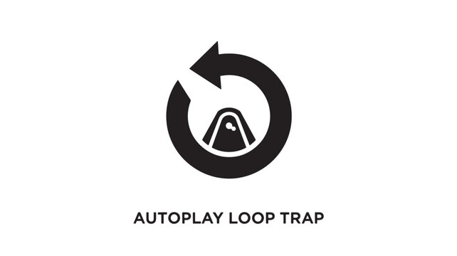 Minimalist black and white vector icon featuring a film reel inside a circular arrow, representing continuous video playback or looping media.
