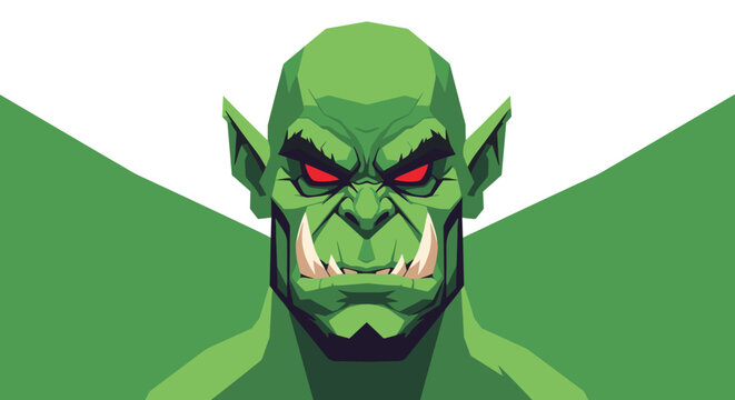 Intimidating portrait of a green skinned orc warrior with large tusks, glowing red eyes, and a muscular build against a split green background.