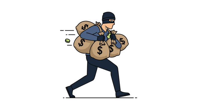 Thief wearing a black mask and balaclava running away while carrying multiple bags filled with cash and gold coins on white background.