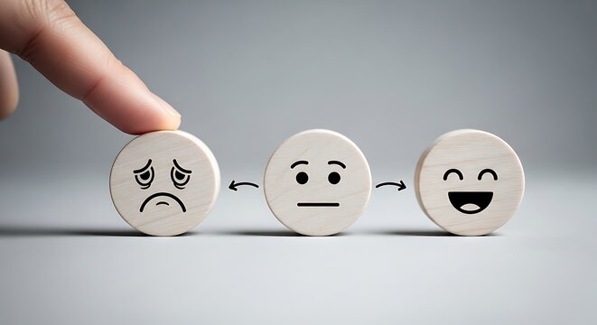 Emotions on wooden blocks changing from sad to happy with finger