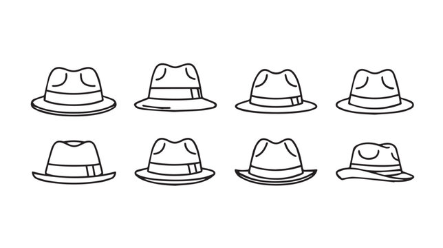 Set of eight fedora hats line art isolated on white background stock illustration
