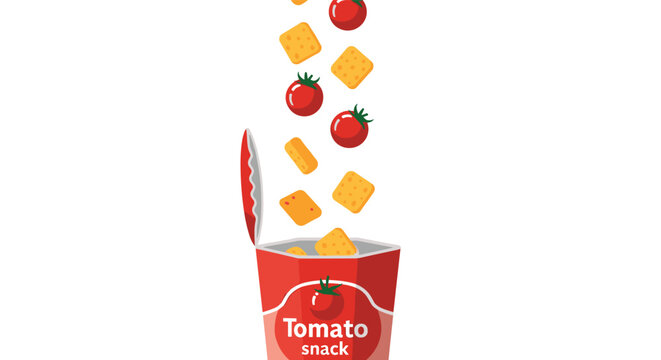 Selection of fresh red tomatoes and square salty crackers falling into an open red can labeled as a tomato snack on white background.