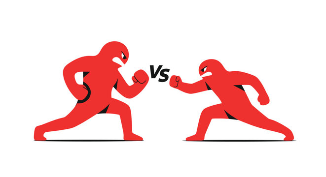 Action illustration showing two powerful red human silhouettes in fighting poses preparing for a battle or competition against each other.
