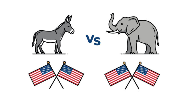 Donkey representing Democrats and elephant representing Republicans face off with American flags in political election concept.