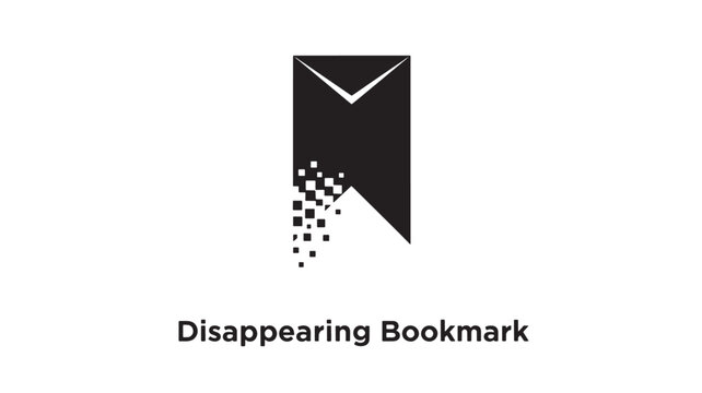 Minimalist vector illustration of a bookmark gradually fading into pixels against a plain white backdrop.