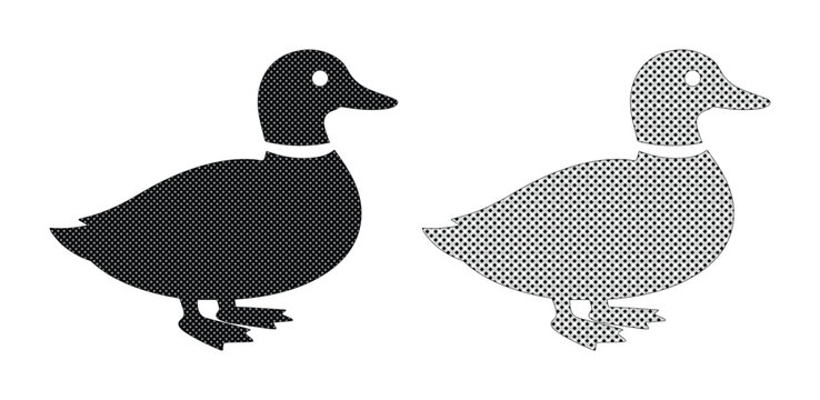 Minimalist duck silhouette vector set, black mallard bird icon and halftone textured waterfowl graphic, simple wildlife nature symbols