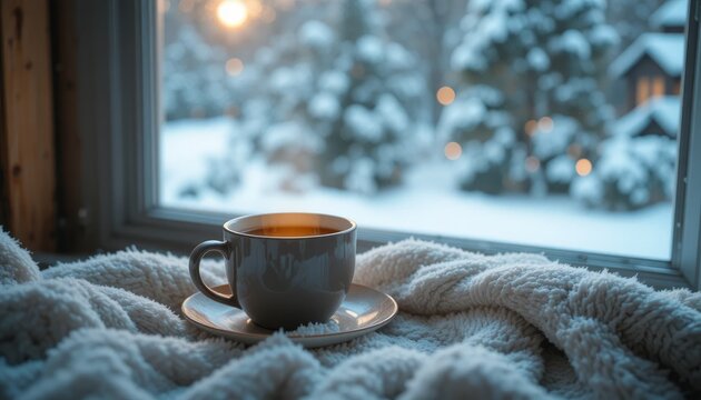 Cozy winter morning with cup of hot coffee near window, soft blanket, and calm mood representing relaxation and comfort lifestyle