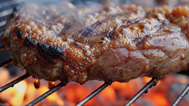 Extreme Close-up of a Juicy Steak Sizzling on an Outdoor BBQ Grill