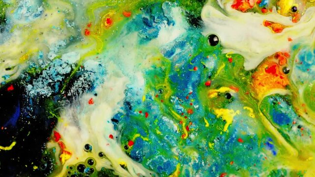 Abstract 3d animation loop Mesmerizing composition of swirling vibrant colors, luminous gold particles, creating a dynamic 3d video background with organic fluid motion
