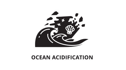 Fototapeta premium Black and white vector illustration showing a hand emerging from acidic ocean waves with dissolving coral and marine organisms.