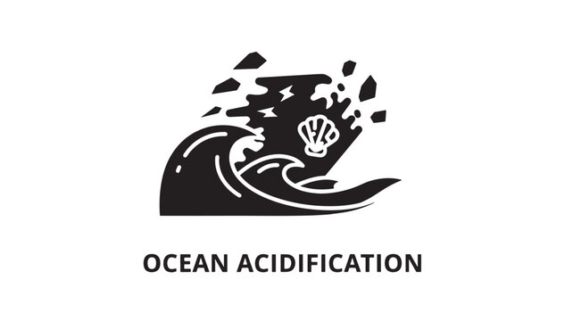 Black and white vector illustration showing a hand emerging from acidic ocean waves with dissolving coral and marine organisms.