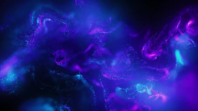 Abstract 3D animation 3D video loop with mesmerizing blue and purple cosmic dust particles, gold accents, and glowing nebulae &ndash; perfect for futuristic science fiction backgrounds