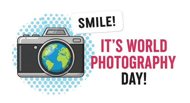 World Photography Day World Photography Day cartoon camera with Earth in lens and text