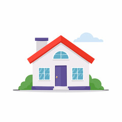 Fototapeta premium Simple Cartoon House with Red Roof and Green Bushes