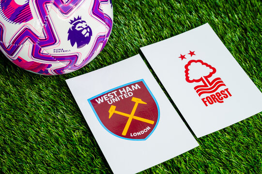West Ham United vs. Nottingham Forest English Premier League matchup, team logos and football ball on green grass