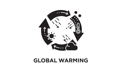 Obraz premium Flat design vector icon illustrating global warming with a circular arrow around earth, a thermometer, melting ice, and sun rays.