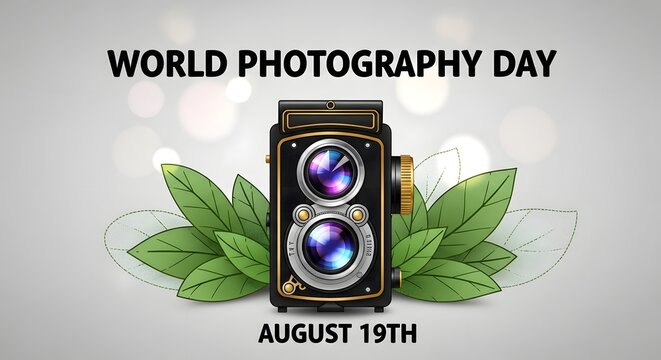 World Photography Day Retro twin-lens reflex camera surrounded by green leaves World Photography Day August 19th
