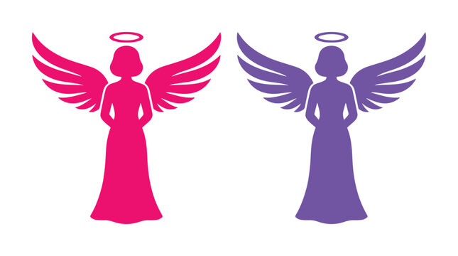 Heavenly angel silhouette vector icons, pink and purple female angel figures with wings and halos, spiritual religious character set for graphic design