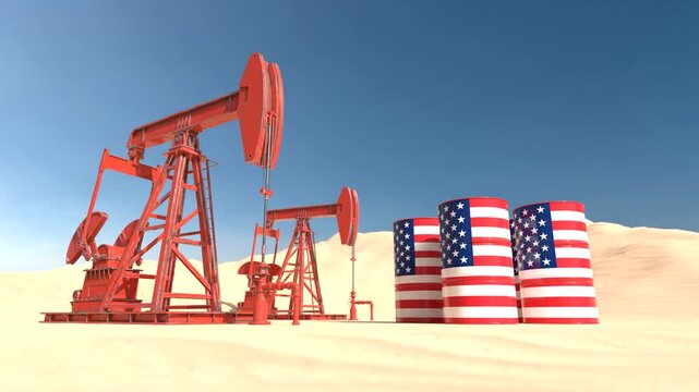 Oil pump jacks with America barrels in arid desert environment, Petroleum industry and energy production. 3D Render