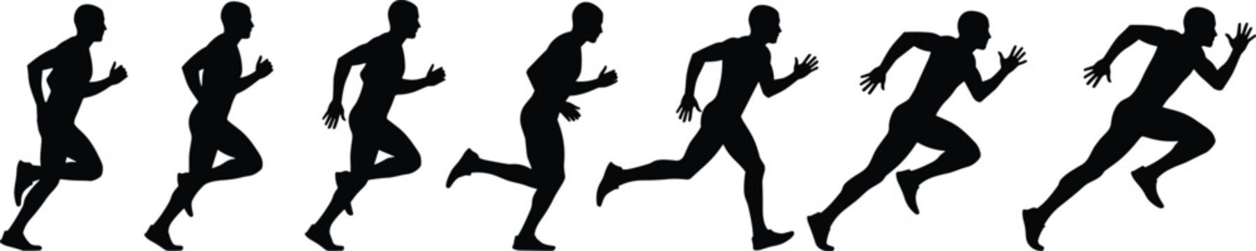 Running athlete silhouettes sequence showing sprint motion phases, dynamic movement progression isolated for fitness training, sports design and speed concept