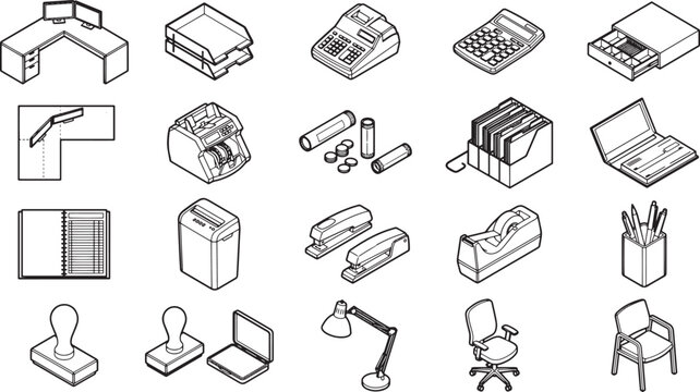 A collection of office item outline drawings, ideal for presentations or educational materials.