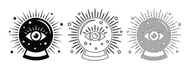 Mystical crystal ball vector set, magic fortune teller glass sphere with eye and stars, occult divination icons in black and white line art style © Jemie