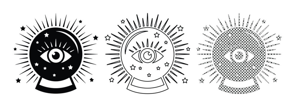Mystical crystal ball vector set, magic fortune teller glass sphere with eye and stars, occult divination icons in black and white line art style