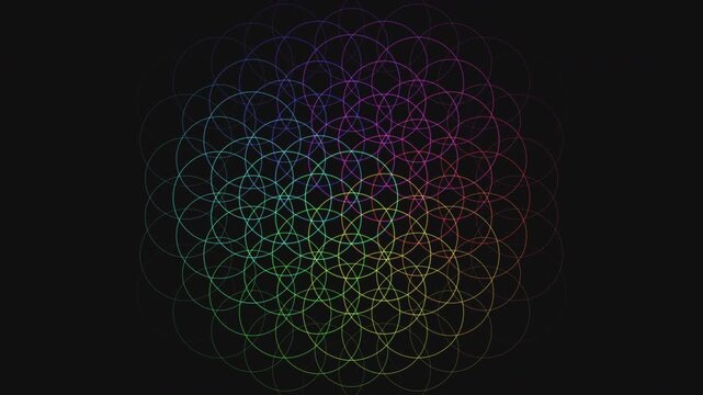 Premium 4K seamless loop of Flower of Life Manipura chakra sacred geometry undergoing an iridescent phase shift. Ideal for VJ sets, trance visuals, meditation, and yoga studios.