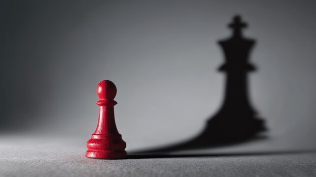 Growth and Career Development: Red Chess Pawn Casting a Shadow of a King on Gray Background
