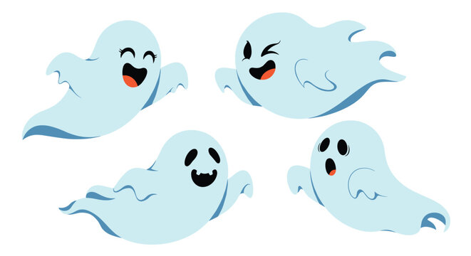 Set of four cute and friendly cartoon ghosts with different expressions including happy winking and surprised flying on white background.
