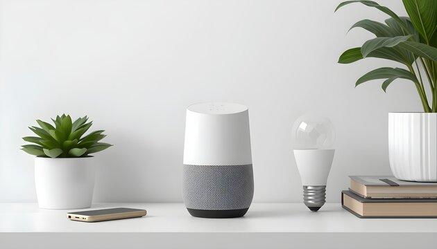 Minimalist setup with smartphone smart speaker light bulb books and succulent plant modern home workspace technology lifestyle photo