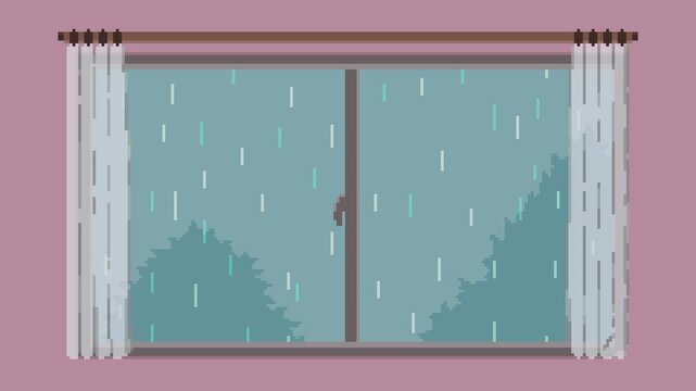 ドット絵の雨が降る窓,ループ背景,ピンク