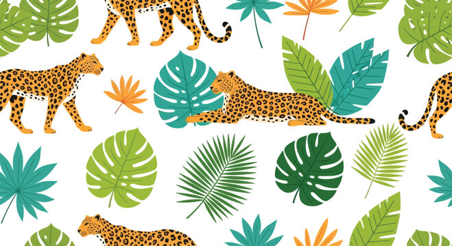 Colorful of leopards and tropical leaves on white background, jungle wildlife
