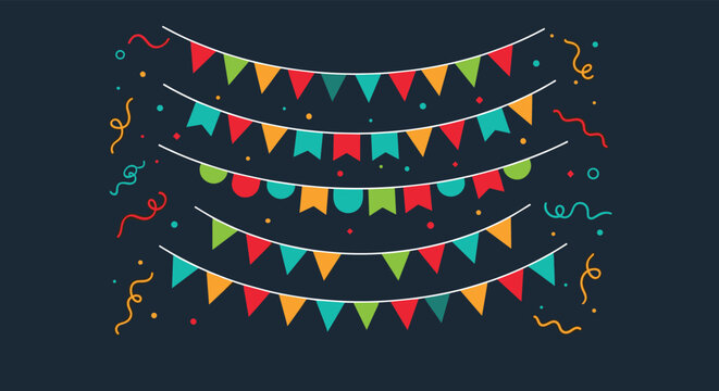 Colorful party banners and strings of pennant flags are draped across a dark blue background with scattered confetti and streamers.