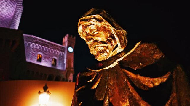 A golden, hooded monk statue stands illuminated at night, with an old castle in the background.