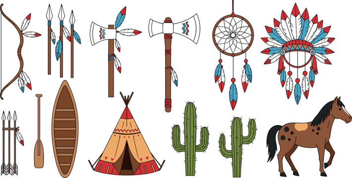 Native American Culture Vector Set Featuring Bow, Arrows, Axe, Dreamcatcher, Teepee, Cactus, and Horse for Tribal, Cultural, and Heritage Designs