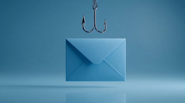 A metallic fishing hook hovers above a blue envelope, symbolizing email deception and online security threats in a digital communication context