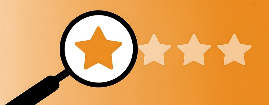 A magnifying glass zooms in on a star rating system with a yellow background