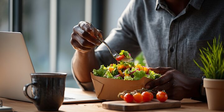 Man eating a fresh salad from a takeout container next to a laptop and coffee mug, with cherry tomatoes and a potted plant nearby