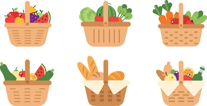 Large collection of wicker picnic baskets and grocery hampers filled with fresh organic fruits vegetables crusty bread and healthy food items for outdoor dining farmers market shopping and summer picn