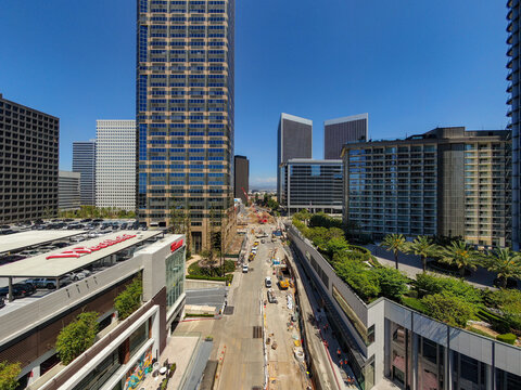 Aerial Drone View of Metro D Line Subway Extension Construction in Century City Los Angeles