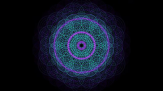 Premium 4K seamless loop of the Flower of Life Vishuddha Throat Chakra sacred geometry pulsing in a cinematic deep trance void. Ideal for VJ sets, trance visuals, meditation, and yoga studios.

