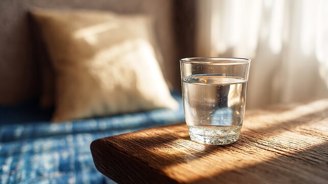 Close-animated movie shot of a clear drinking glass filled with fresh water sitting on a rustic wooden table bathed in warm sunlight